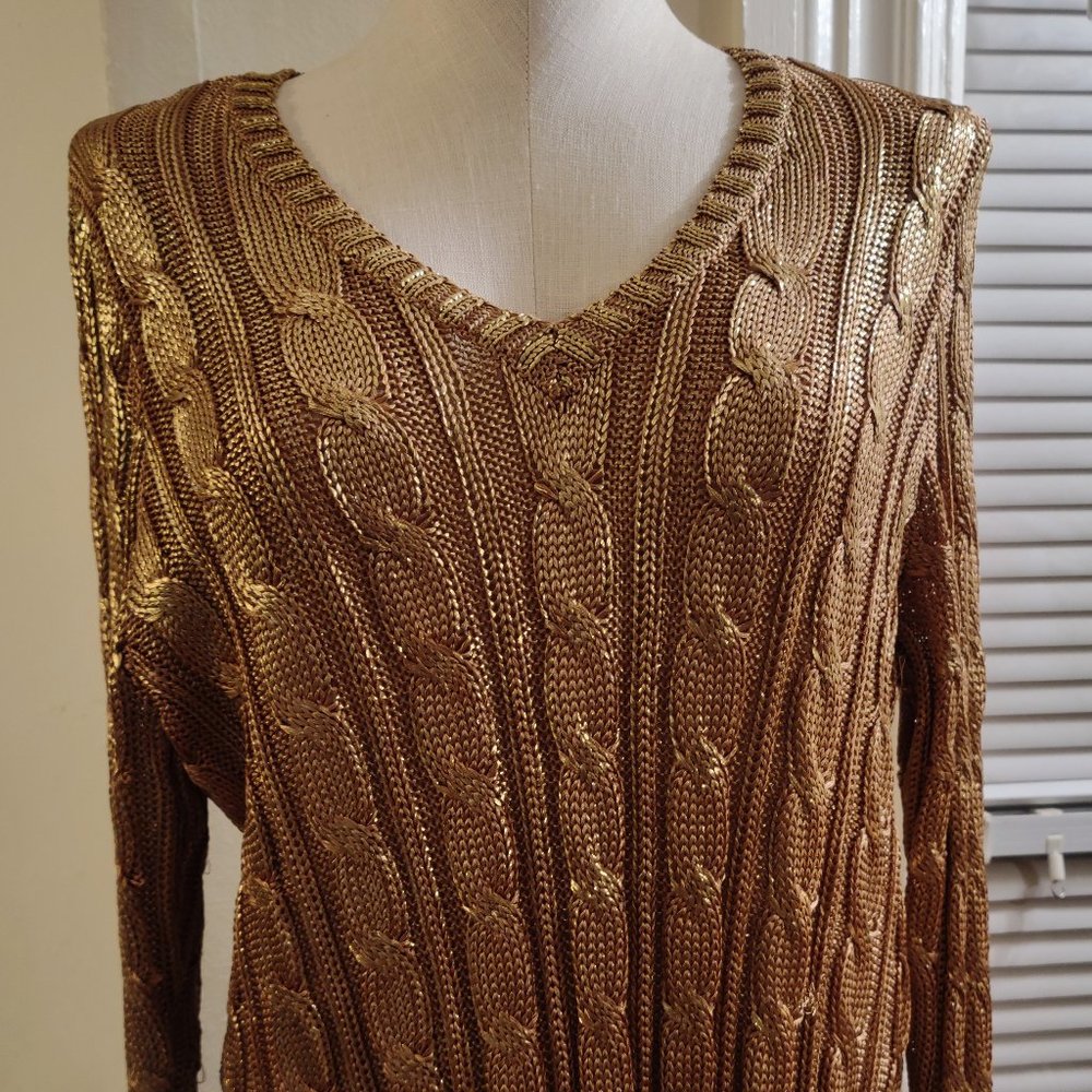Lauren Ralph Lauren Gold Metallic Knit V neck Sweater - size 1X